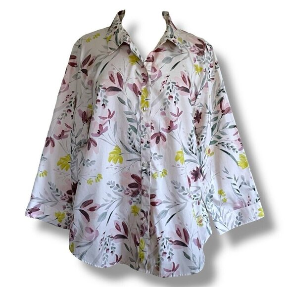 Coldwater Creek Womens Blouse Plus Sz 18 Purple Floral Cotton Button Up Shirt - Picture 1 of 7